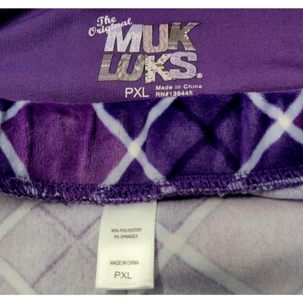 Muk Luks Pajama Set Womens Petite XL Purple Plush Argyle‎ Soft Sleepwear Lounge